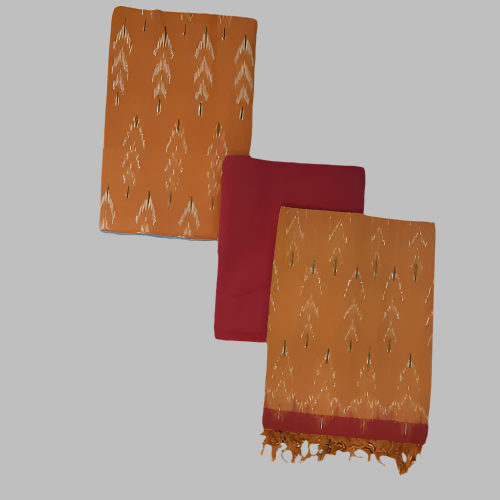 Three folded pieces of fabric, with the top piece displaying an orange and red geometric pattern, the middle piece being solid red, and the bottom piece showing a continuation of the orange and red pattern with fringes.