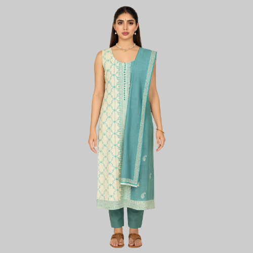 Woman wearing a teal and white traditional outfit on a white background
