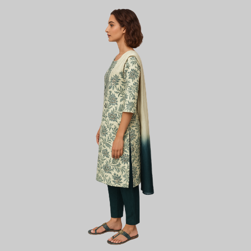 Woman wearing a floral kurta with a matching dupatta on a white background