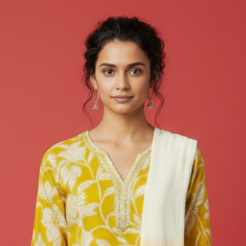 Woman wearing a yellow floral outfit with a matching scarf on a gray background