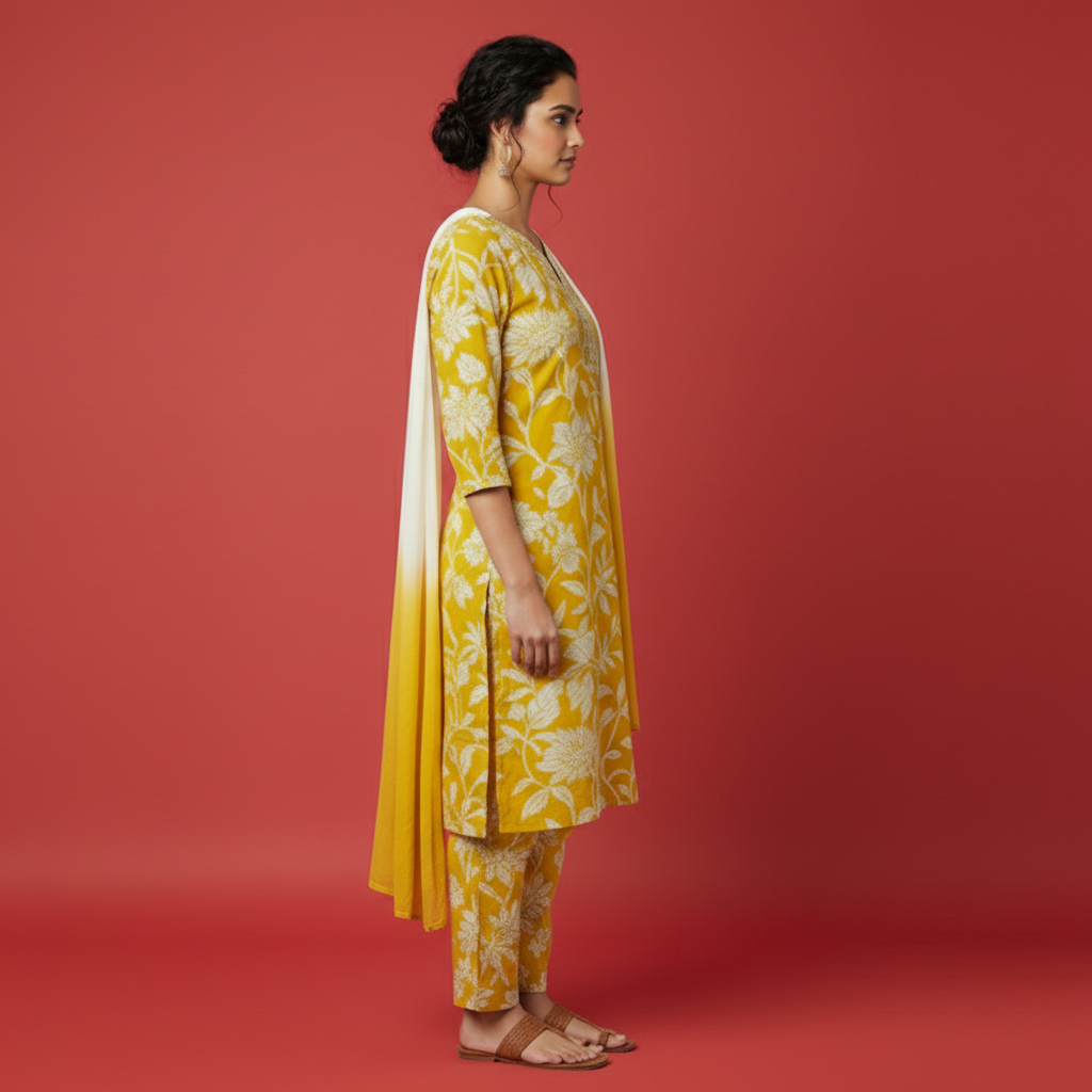 Woman wearing a yellow floral outfit with a matching scarf on a gray background