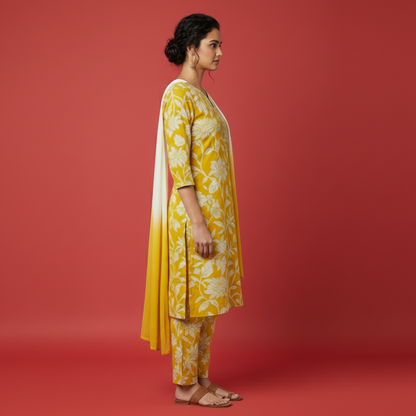 Woman wearing a yellow floral outfit with a matching scarf on a gray background