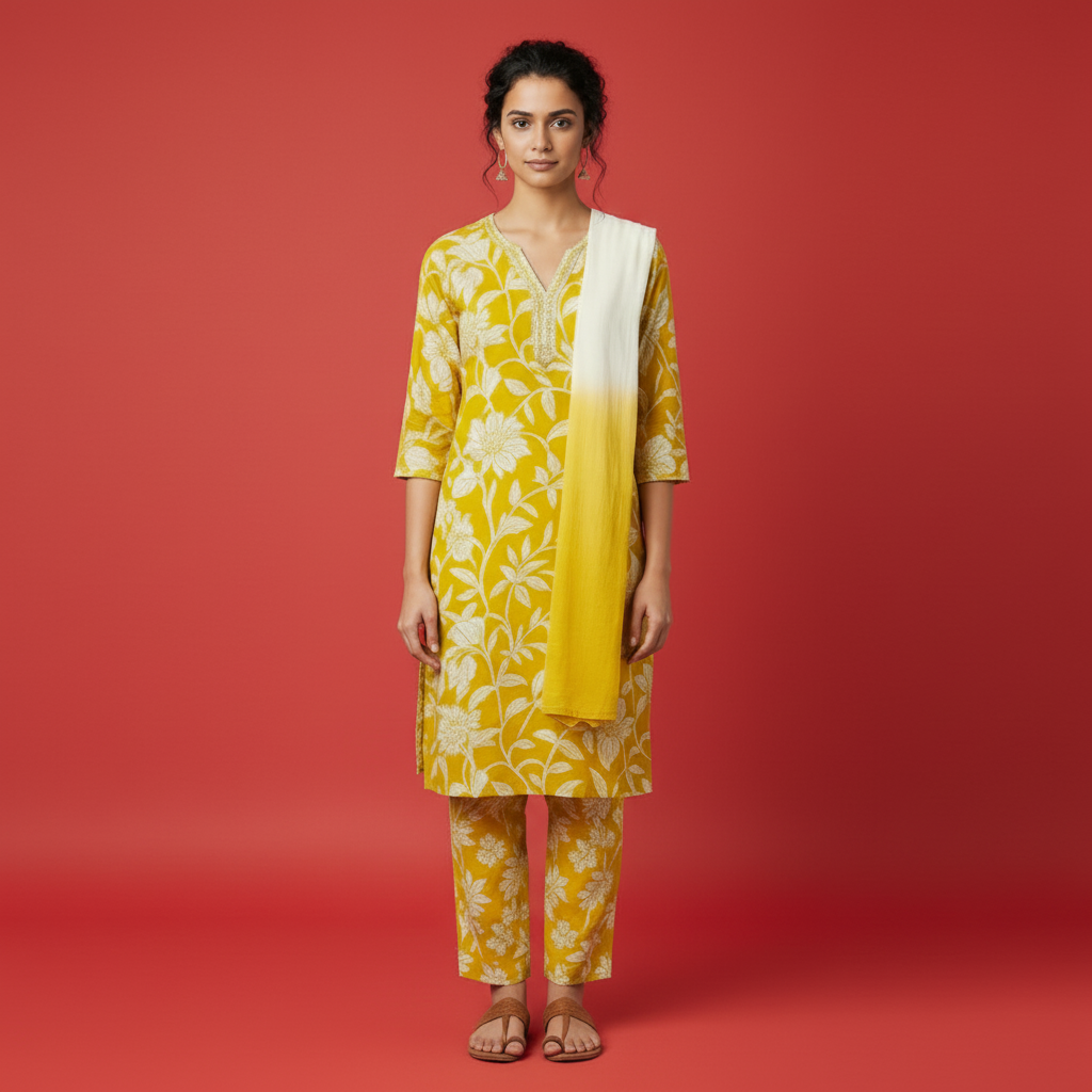 Woman wearing a yellow and white floral outfit on a white background