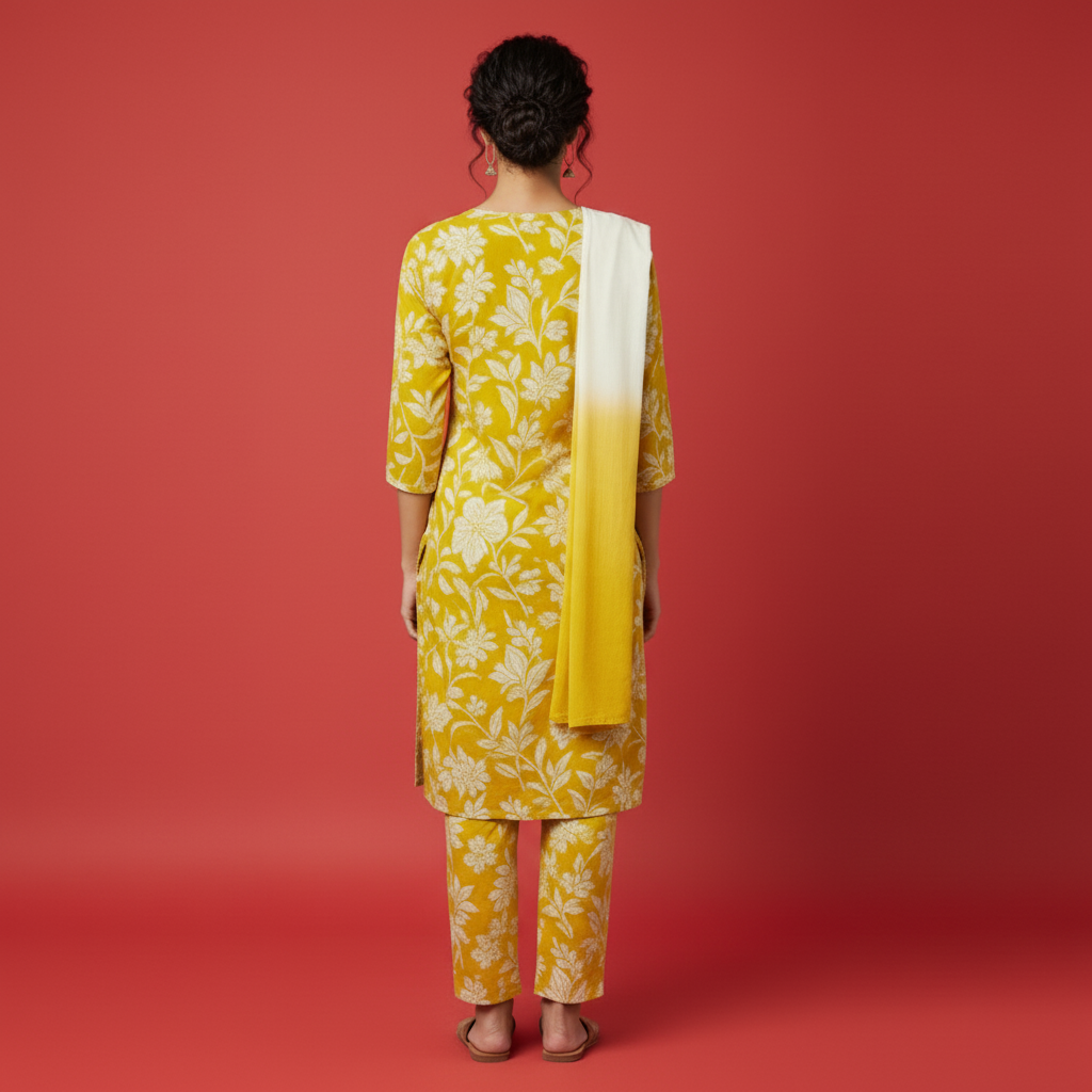 Woman wearing a yellow floral outfit with a matching scarf on a gray background