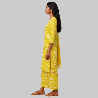 Woman wearing a yellow floral kurta with a white background