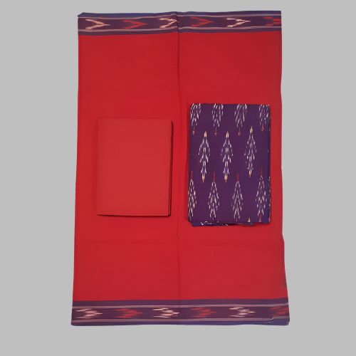 Red fabric with a purple patterned pocket and a red pouch.