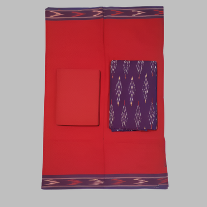 Red fabric with a purple patterned pocket and a red pouch.