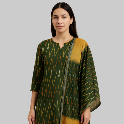 Woman wearing a green and yellow patterned dress with a matching shawl on a white background