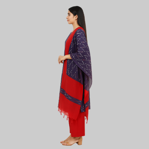 Woman wearing a red and navy blue traditional outfit on a white background
