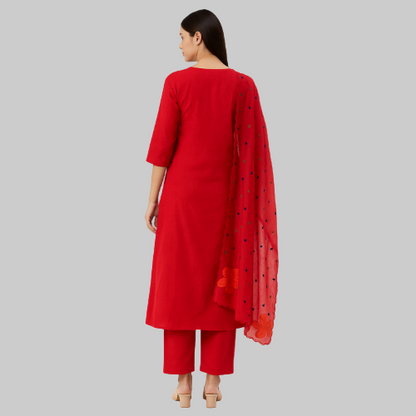 Red traditional outfit with a dupatta on a white background