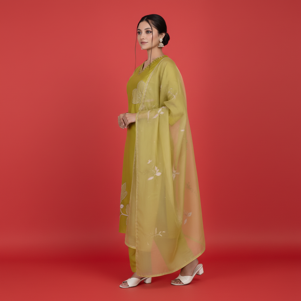 Woman wearing a green traditional outfit with a matching dupatta on a gray background