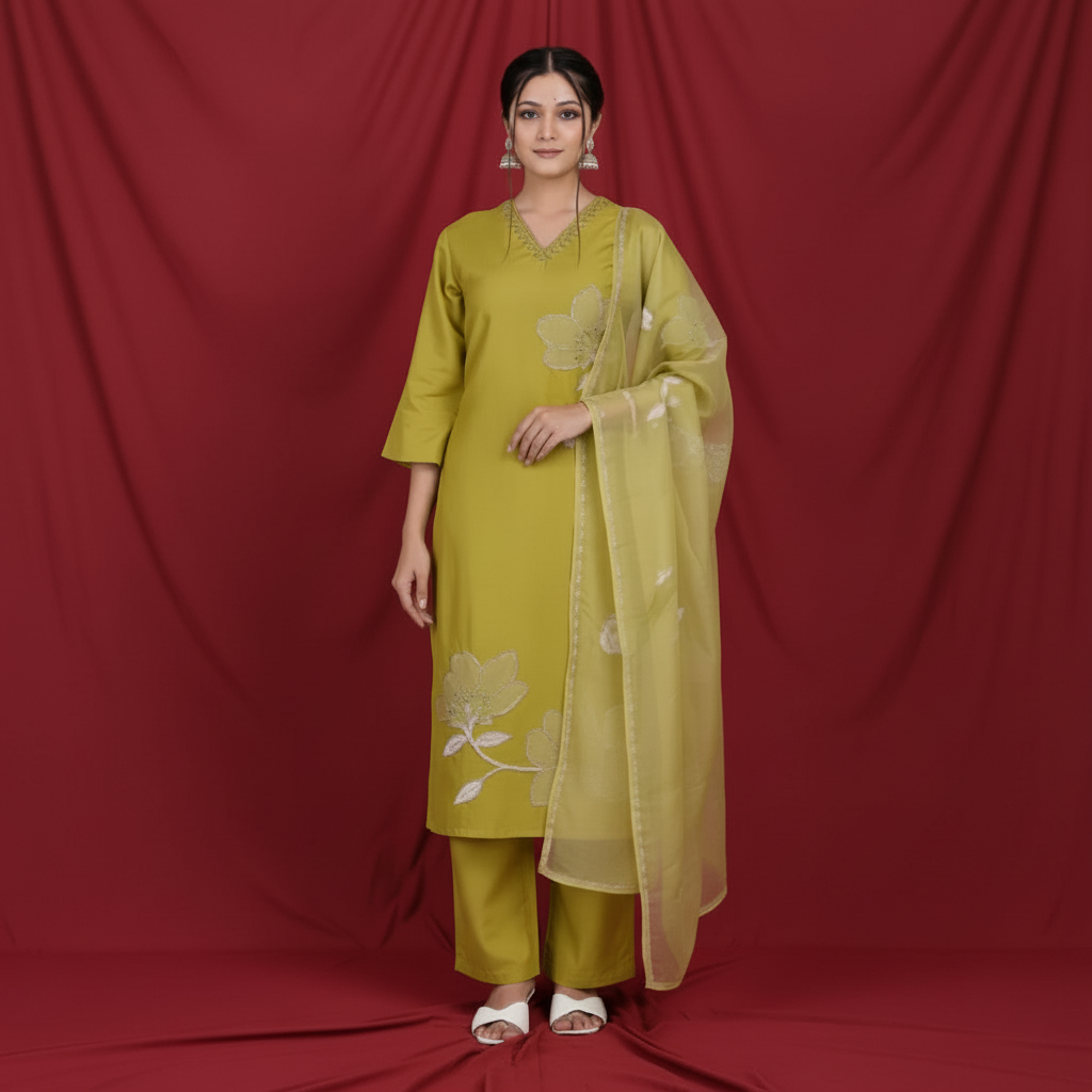 Woman wearing a green traditional outfit with a matching dupatta on a white background