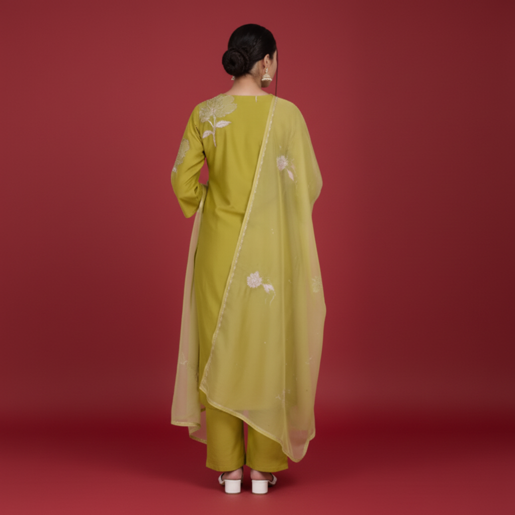 Woman wearing a green traditional outfit with a matching dupatta on a gray background