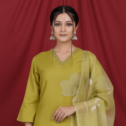 Woman wearing a green traditional outfit with a sheer dupatta against a red background