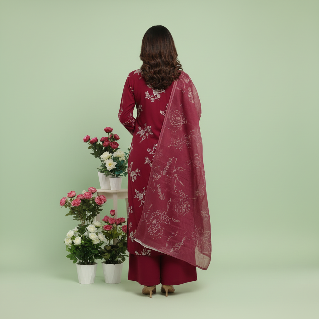 Woman wearing a maroon embroidered outfit with flowers in the background on a light green background