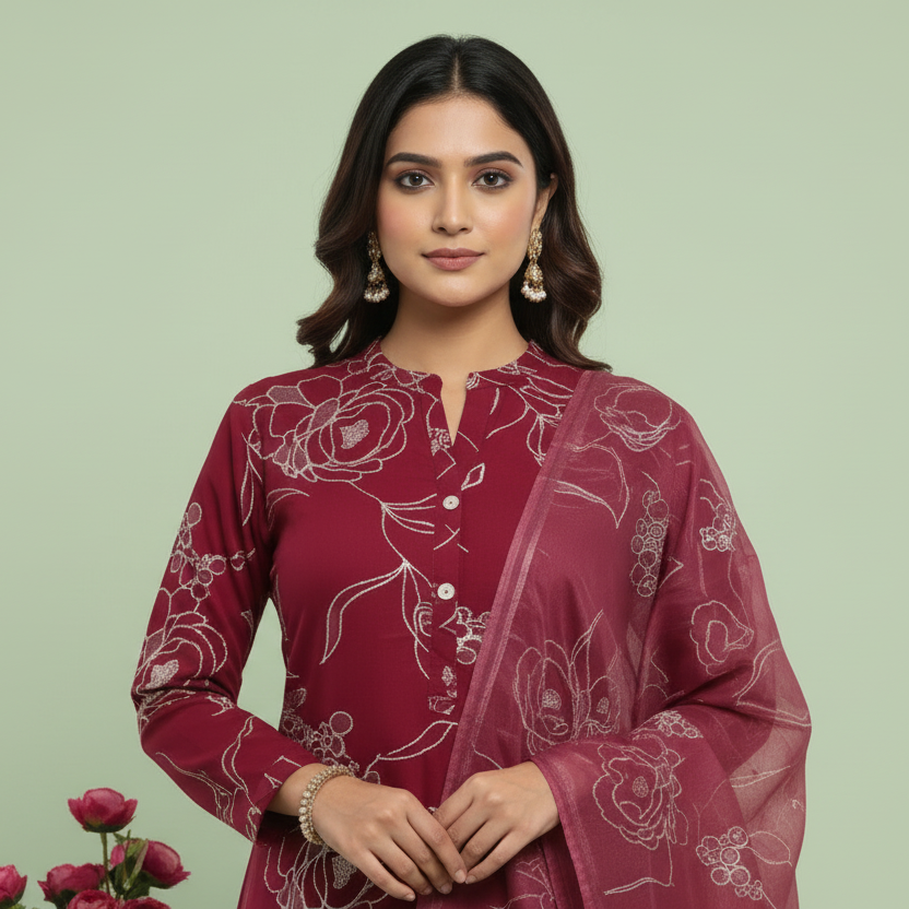 Woman wearing a maroon embroidered outfit with flowers in the background on a light green background