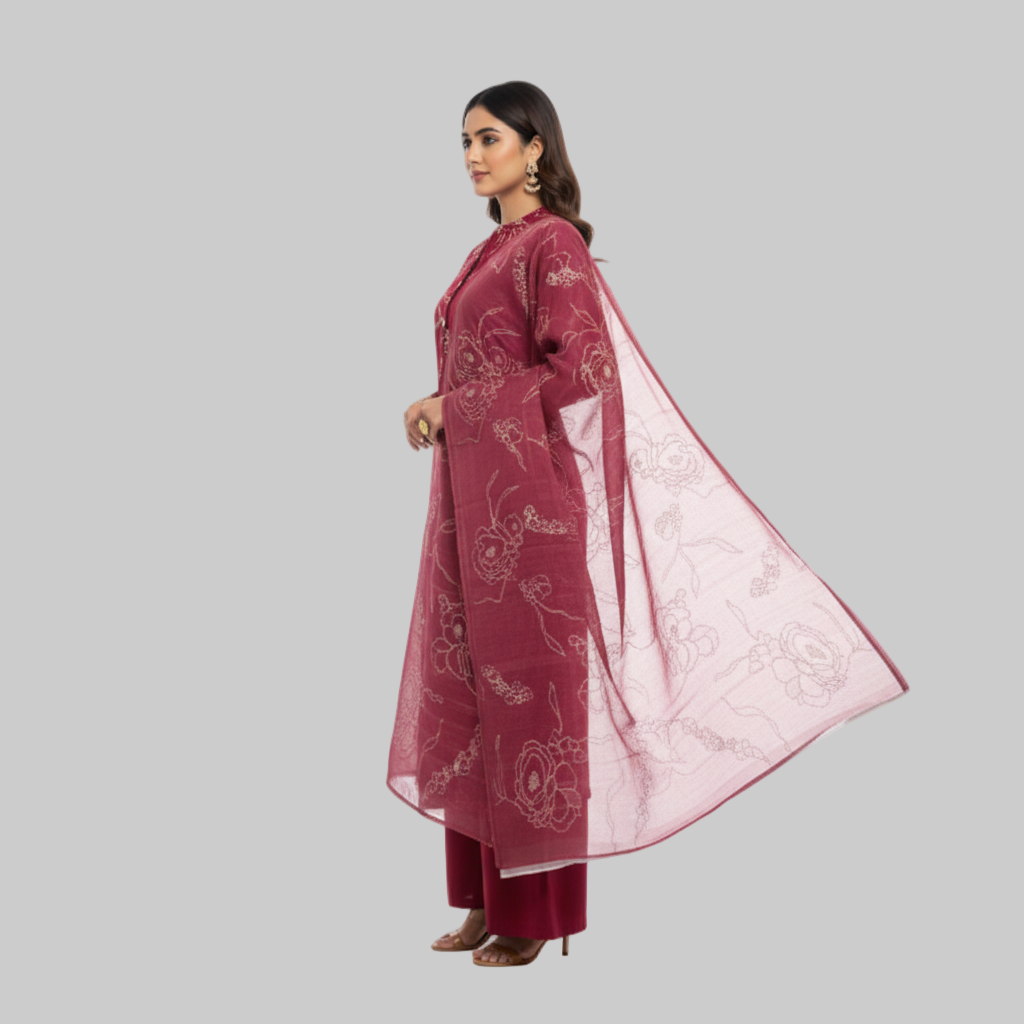 Woman wearing a maroon traditional outfit with a matching dupatta on a white background