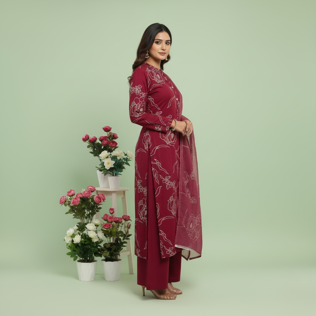 Woman wearing a maroon embroidered outfit with flowers in the background on a light green background