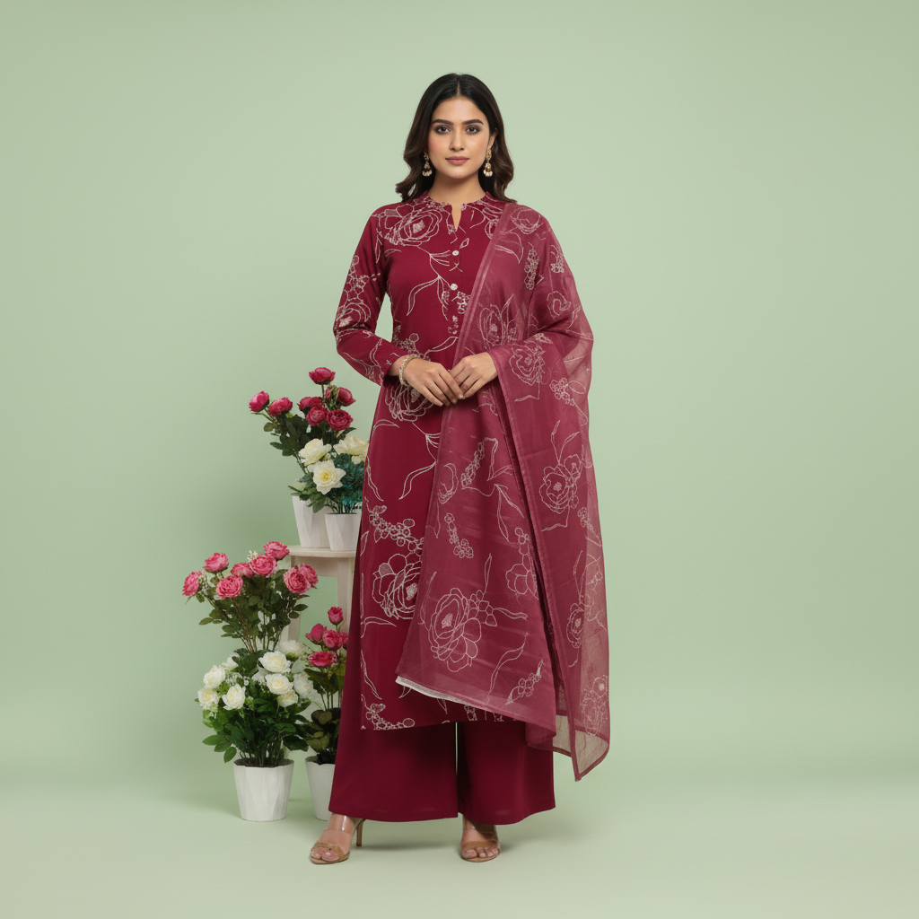 Woman wearing a maroon traditional outfit with a matching dupatta on a gray background