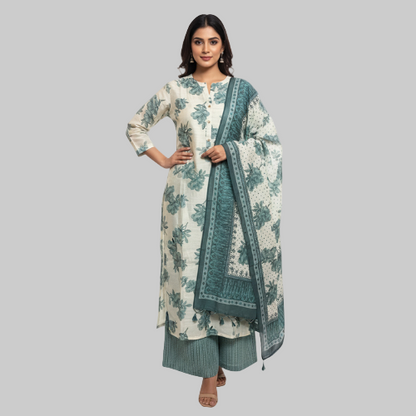 Woman wearing a floral kurta with a matching dupatta on a white background