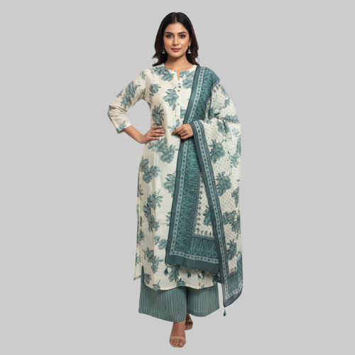 Woman wearing a floral kurta with a matching dupatta on a white background