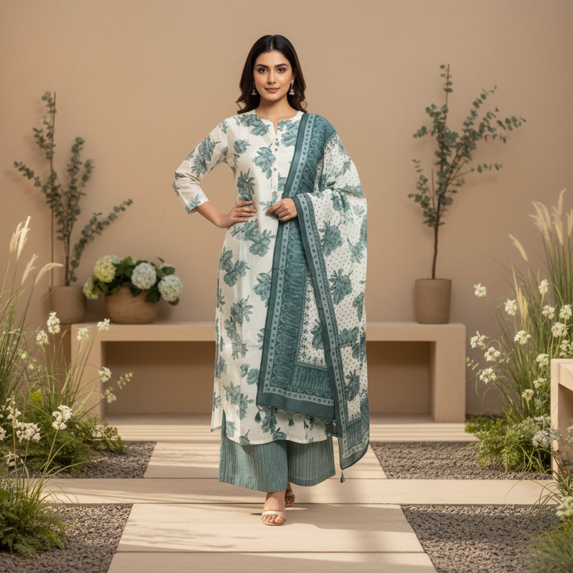 Woman wearing a floral kurta with a matching dupatta on a white background