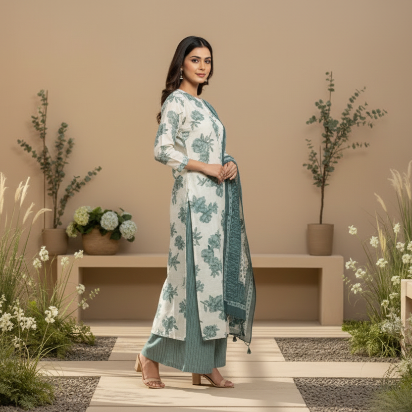 Woman in a floral dress standing in a decorative setting with plants and flowers.