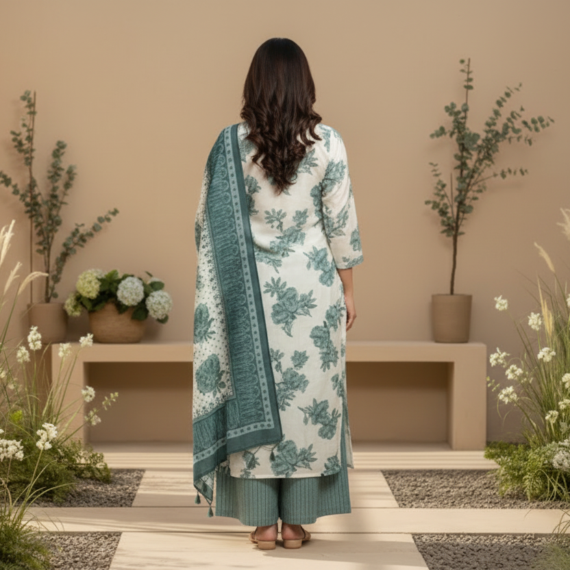 Woman in a floral dress standing in a decorative setting with plants and flowers.