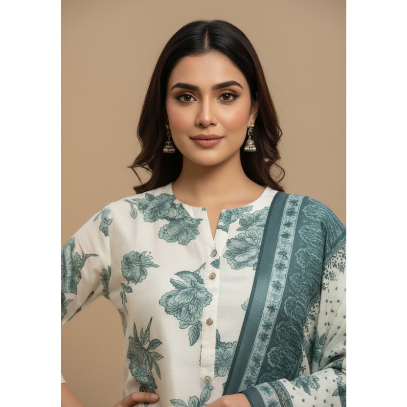 Green and White Kurti Set