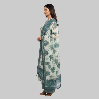 Woman wearing a floral kurta with a matching dupatta on a white background