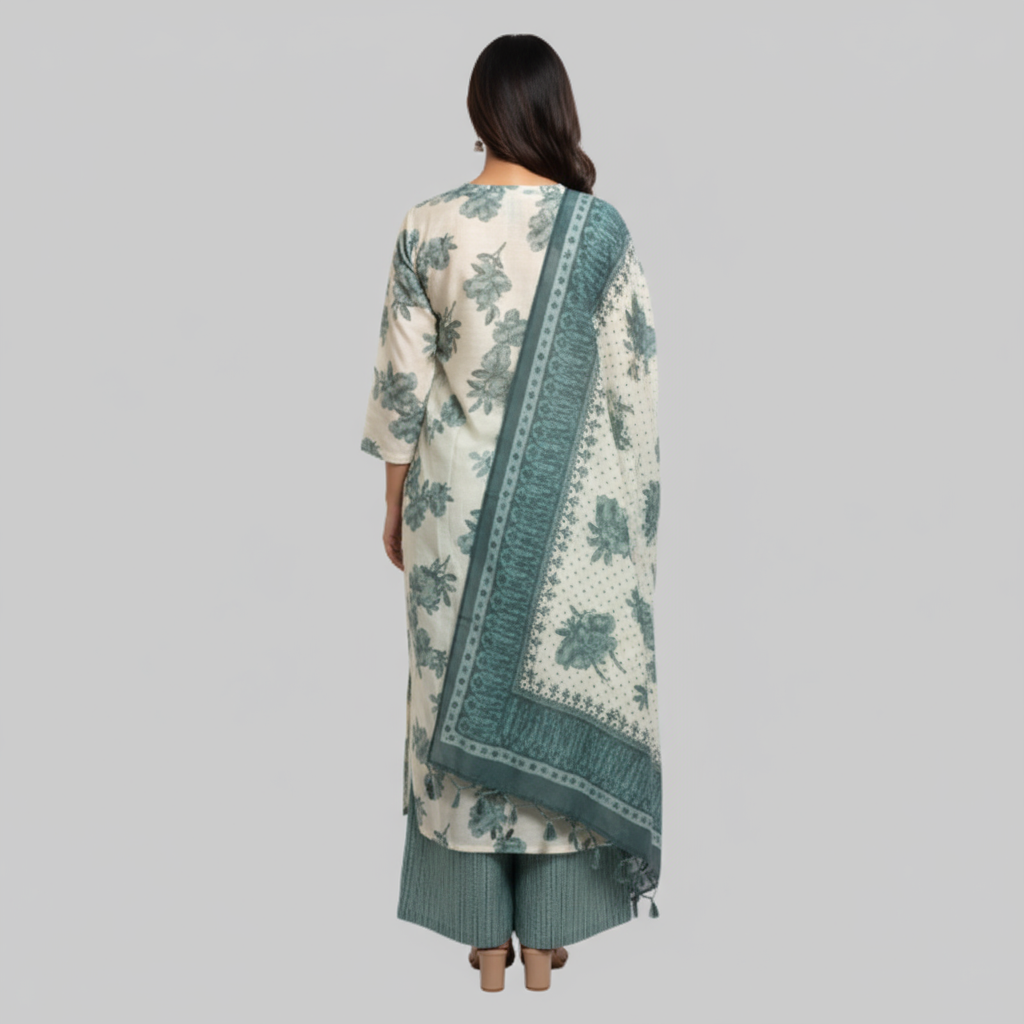 Woman wearing a floral kurta with a matching dupatta on a white background