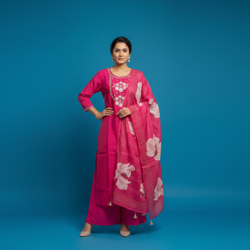 Woman wearing a pink traditional outfit with floral patterns on a gray background