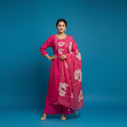 Woman wearing a pink traditional outfit with floral patterns on a gray background