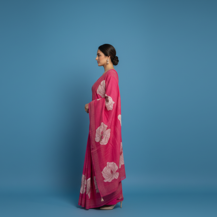 Woman in a pink traditional outfit standing on a balcony at night with a full moon.
