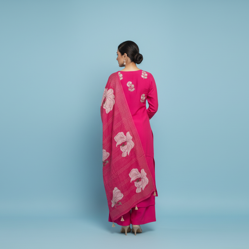 Woman in a pink traditional outfit standing on a balcony at night with a full moon.