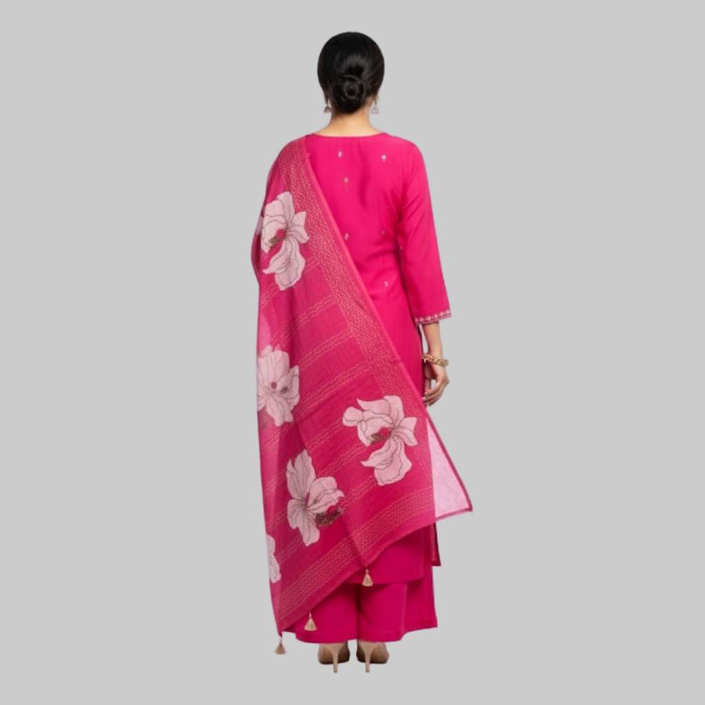 Woman wearing a pink traditional outfit with floral patterns on a white background