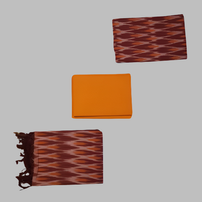 Three patterned cloths in orange, brown, and multicolor on a white background
