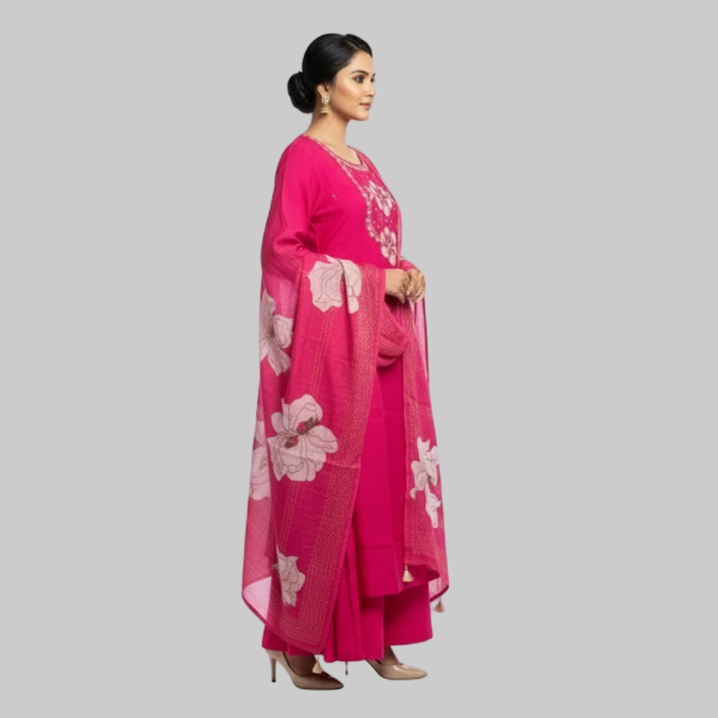 Woman wearing a pink traditional outfit with floral patterns on a white background