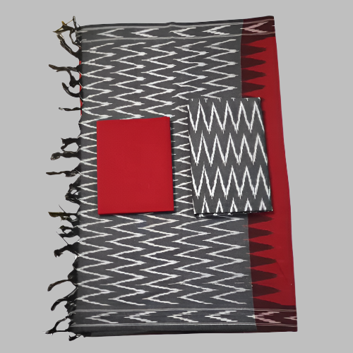 Textile with geometric pattern featuring red, gray, and black colors on a white background