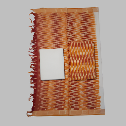 Woven fabric with orange and brown patterns on a white background