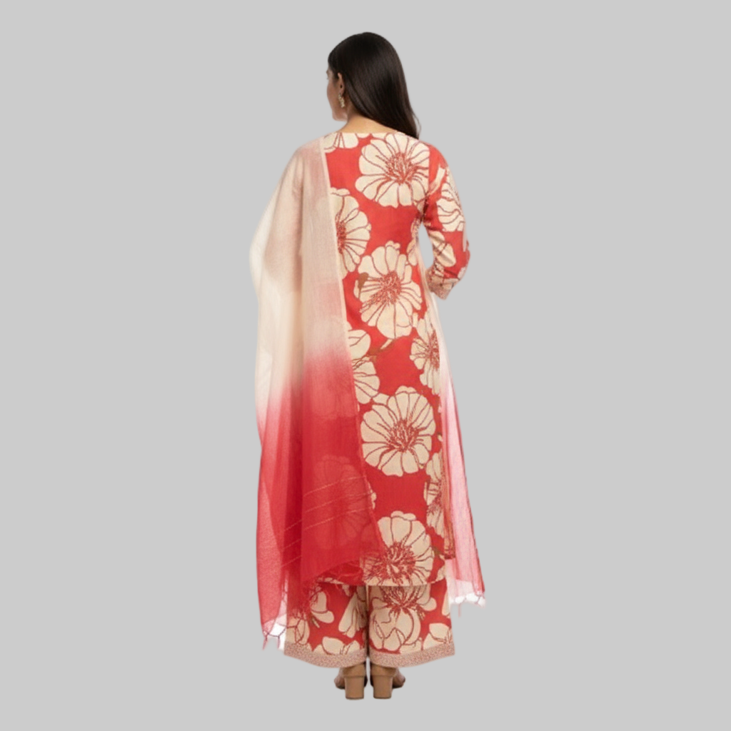 Woman wearing a red and white floral dress with a matching dupatta on a white background