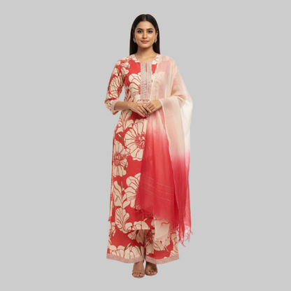 Woman wearing a red and white floral dress with a matching dupatta on a white background