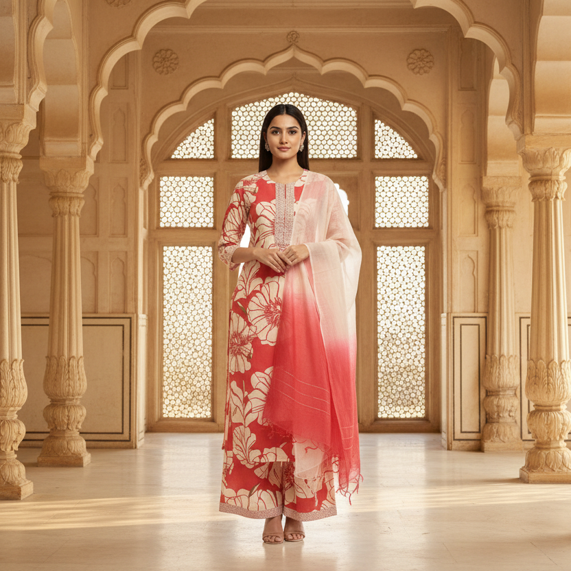 Woman wearing a red and white floral dress on a gray background