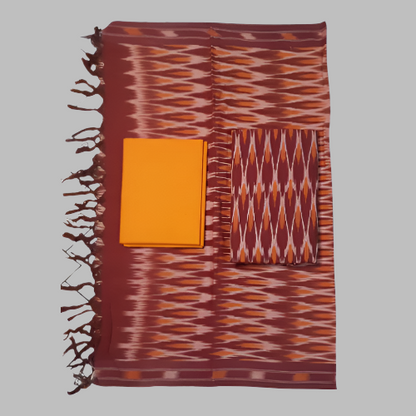 Patterned fabric with a yellow square and smaller pattern on a white background