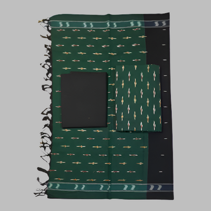 Green patterned fabric with a black square pocket on a white background