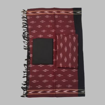 Red patterned fabric with black border on a white background
