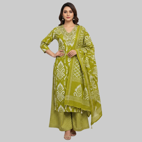 Woman wearing a green and white patterned traditional outfit on a gray background