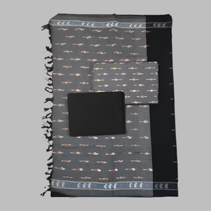 Black and gray patterned towel with a pocket on a white background