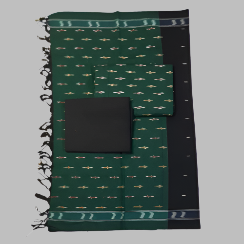 Green and black patterned fabric with fringes on a white background