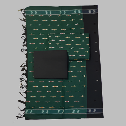 Green and black patterned fabric with fringes on a white background